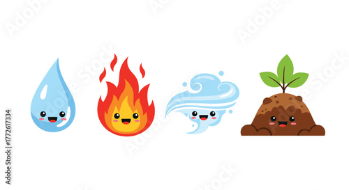 Adorable cartoon illustrations of the four classical elements - water, fire, air, and earth - with cute faces and simple designs, perfect for educational materials or whimsical projects.