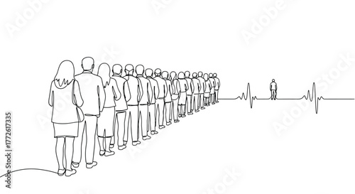 A long line of people faces a lone figure, with a heartbeat line connecting them, symbolizing connection, loss, or a critical decision.