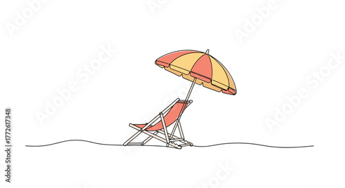 A minimalist line drawing depicts a beach chair and striped umbrella set on a sandy shore, evoking a sense of summer relaxation and vacation bliss.