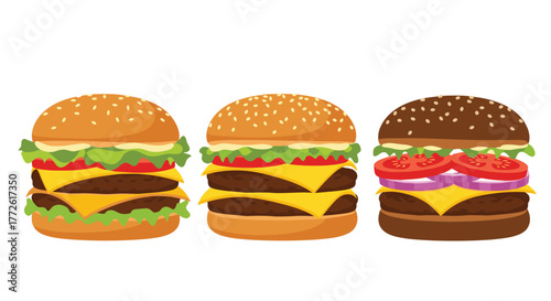 A colorful illustration of three stacked cheeseburgers with lettuce, tomato, and cheese, showcasing different bun types and ingredient arrangements.
