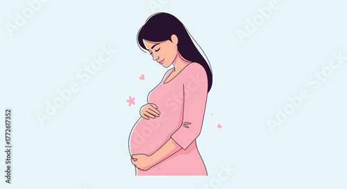 A serene pregnant woman gently cradles her baby bump with a loving expression, radiating warmth and anticipation for motherhood, against a soft background.