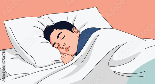 A peaceful man sleeps soundly in bed, covered with a white duvet and resting his head on a fluffy pillow, enjoying restful slumber.
