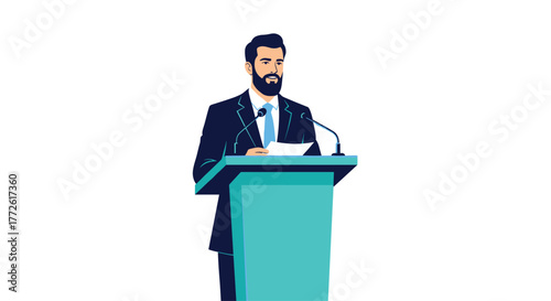 A professional man in a suit delivers a speech at a podium, confidently addressing an audience with notes in hand.