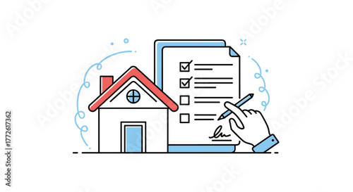 Home inspection checklist with a hand signing a document, representing property evaluation, real estate due diligence, and home buying process.
