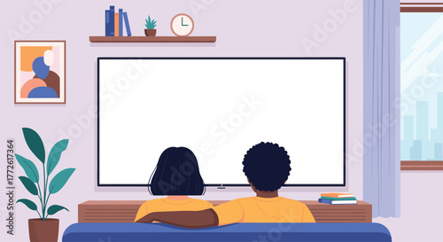 Couple watching television together in a cozy living room setting, enjoying leisure time and entertainment at home, modern interior design.