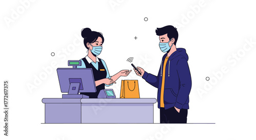 A customer uses contactless payment with a smartphone at a retail checkout counter while both individuals wear protective face masks during a transaction.