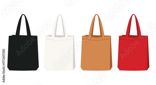 A colorful collection of four blank tote bags in black, white, tan, and red, arranged in a row for product display or design mockups.