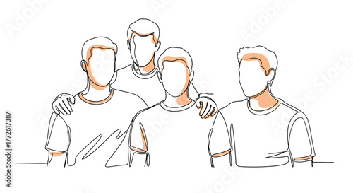 A continuous line drawing depicts a group of four young men standing closely together with arms around each other, showcasing friendship and camaraderie.