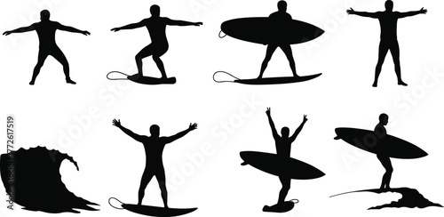 Surfing silhouette vector, surfer with board pose, wave riding illustration, beach sport action, black shape motion, coastal lifestyle art
