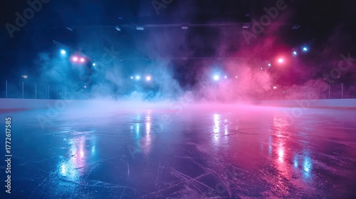 Ice rink illuminated by pink and blue lights, creating an atmospheric fog.