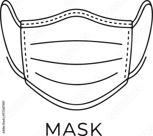 Simple line art drawing of a medical face mask with elastic ear loops and text