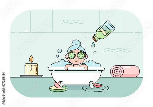 Woman Relaxing in Bathtub with Cucumber Mask and Candle