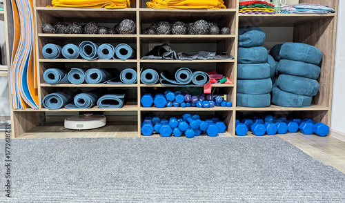 Yoga props and pilates equipment, studio with mats, dumbbells, rollers, and blocks on wooden shelves. Minimalist gym interior, clean and organized space.