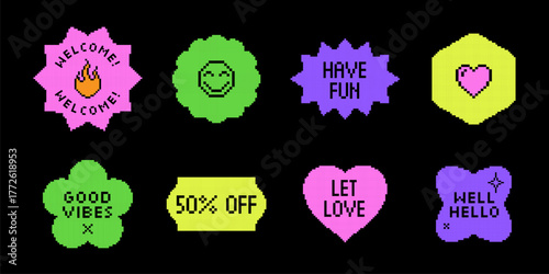Pixel y2k retro stickers set. Abstract vector icon elements in vaporwave acid style. Geometric 8bit frame shapes in pixel art style. Digital brutalist techno bitmap badge symbols collection. Isolated