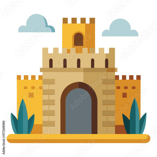 Cartoon castle with flags and clouds