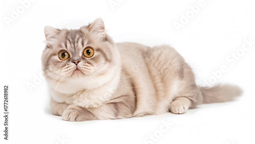 Young Scottish fold cat resting on a white surface