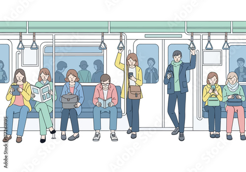 People Commuting on a Train Reading and Using Phones.