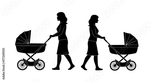 Two mothers walking with strollers a simple black and white illustration