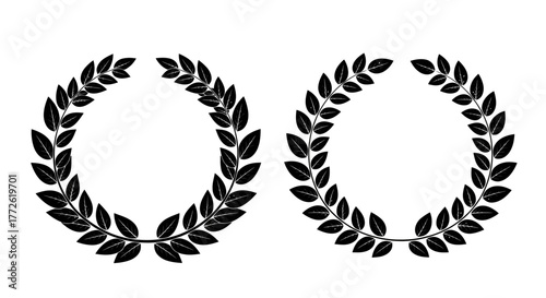 Simple black and white laurel wreath illustration with detailed leaf shapes