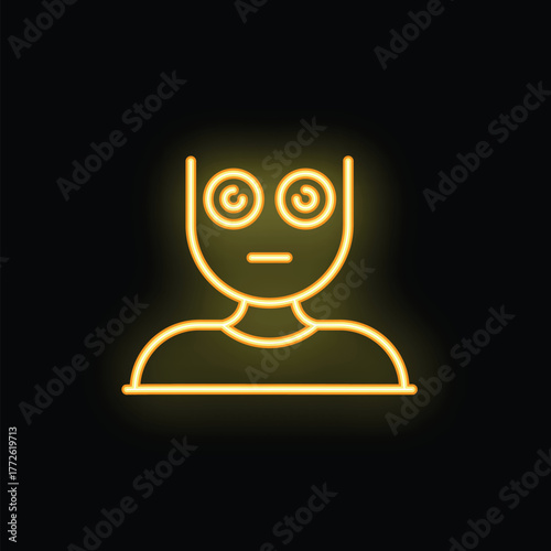 Yellow neon sign of a person feeling dizzy with spiral eyes on a black background