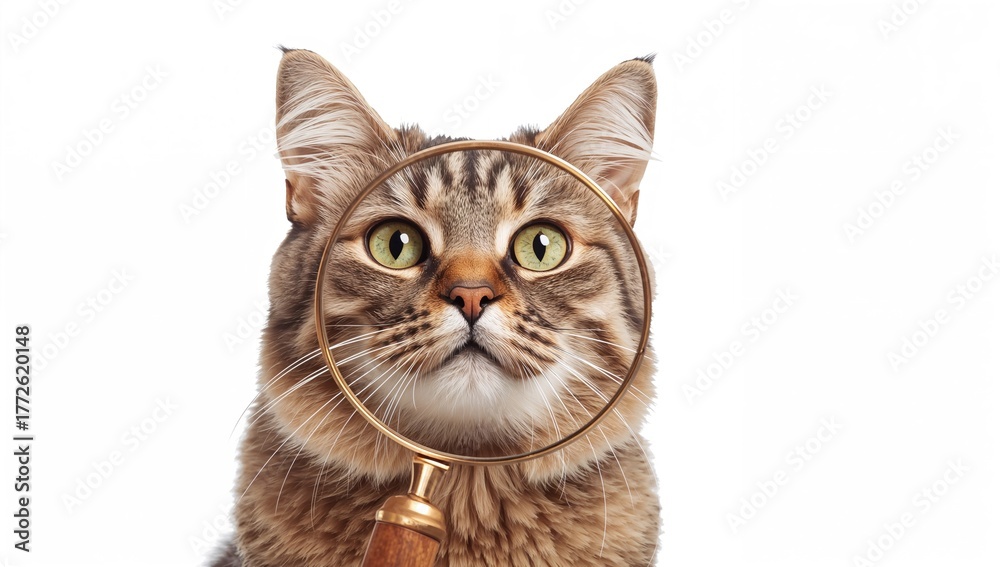 Fototapeta premium Close-up of an inquisitive Scottish Straight cat peering through a magnifying glass against a white backdrop