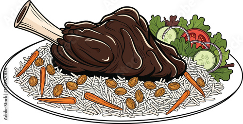 A handdrawn illustration presents a delectable lamb shank with rice, garnished with carrots, raisins, and a side salad, served on a white plate, showcasing a flavorful culinary experience isolated on 