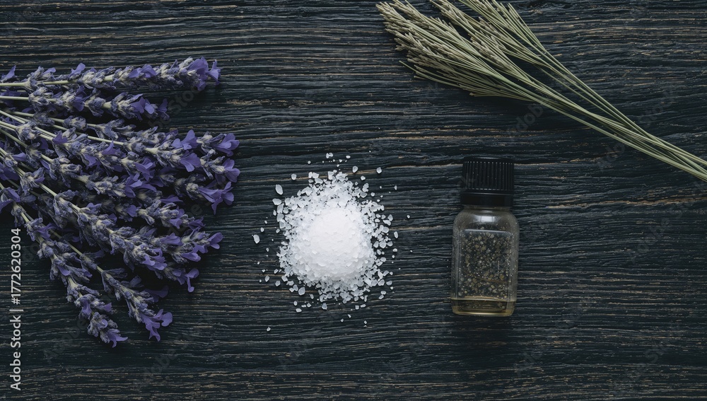 Fototapeta premium Lavender blossoms, essential oil, and bath salts arranged on a dark wooden surface for a natural spa experience