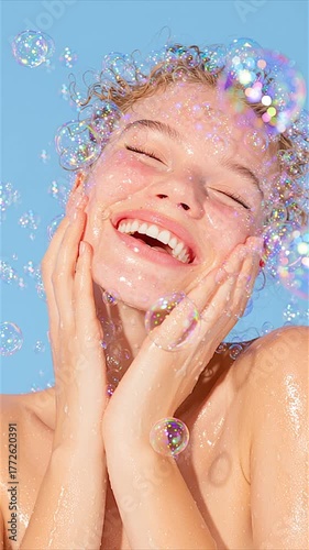 Model smiling with holographic aloe vera gel bubbles floating around face, skincare hydration concept