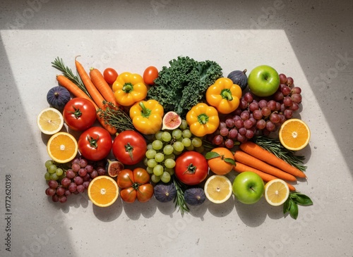 Vibrant Assortment of Fresh Fruits and Vegetables on Counter