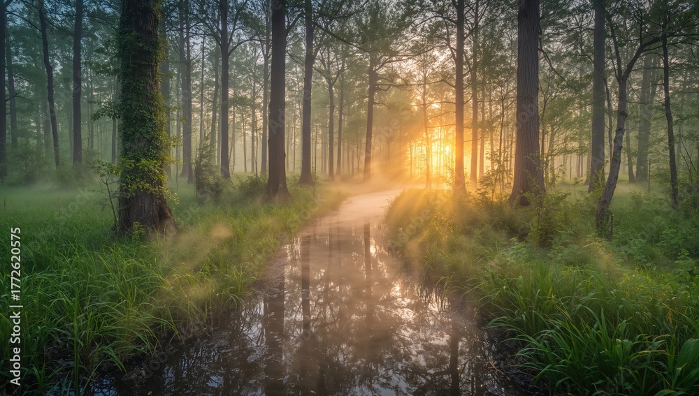 Fototapeta premium A foggy wetland scene at daybreak with vivid hues.