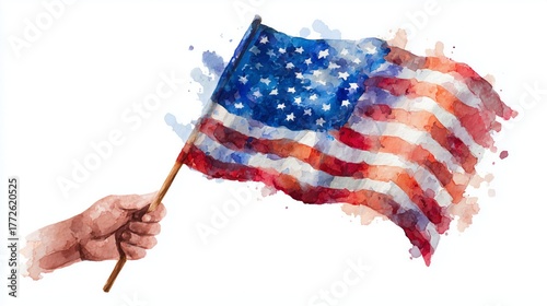 Hand holding an american flag on a stick, painted in watercolor style