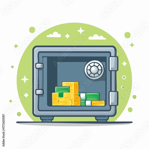 Cartoon illustration of a secure safe filled with neatly stacked money