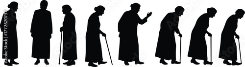 Elderly woman silhouette walking with cane, aging process illustration, senior health concept, old age mobility support, elderly care awareness