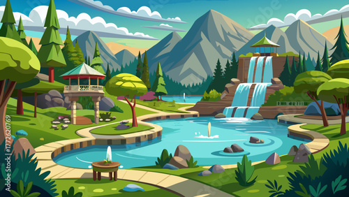 Very beautiful large pond with cascading waterfall inside McEuen Park, surrounded by green lawns, trees, and walking paths near Tubbs Hill and lakeside resorts in Coeur d'Alene, Idaho, USA.