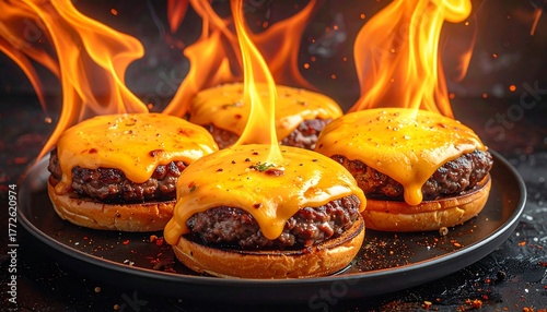 Four juicy cheeseburgers sit on a plate, with melted cheese, and flames erupting dramatically. A dark background adds visual contrast