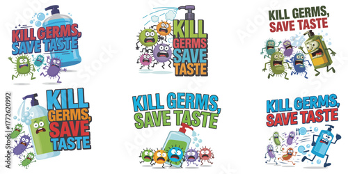 Scared cartoon germs flee from disinfectant spray bottles promoting hygiene and cleanliness