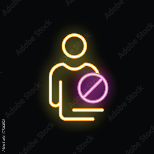 Glowing neon icon of a person with a stop sign, representing concepts like access denied, restricted area, or prohibition