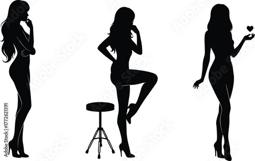 Elegant woman silhouette posing in different positions with stool and heart, fashion model outline, beauty vector illustration on white background