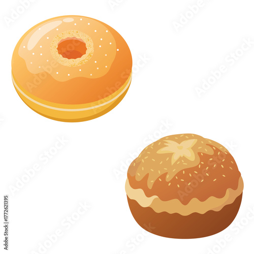 Delicious sweet sugar donut pastry dessert isolated on white background, vector illustration of fresh baked round snack food