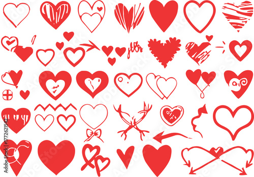 red heart doodle vector set, hand drawn love symbols on white background, romantic sketch icons collection, valentine design elements, cute love illustrations