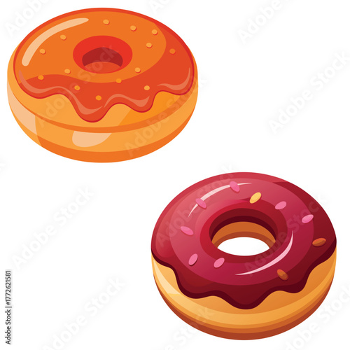 Isolated pink and chocolate glazed donuts set on a white background for a sweet, delicious pastry snack