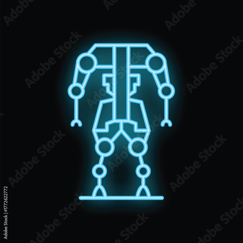 Neon blue glowing exoskeleton standing on a black background