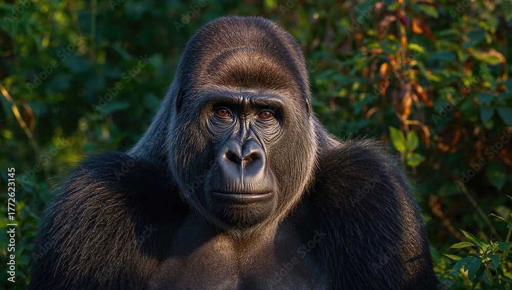 Obraz premium Regal Lowland Gorilla Captured in Gentle Sunlight, Perfect for Nature and Conservation Topics