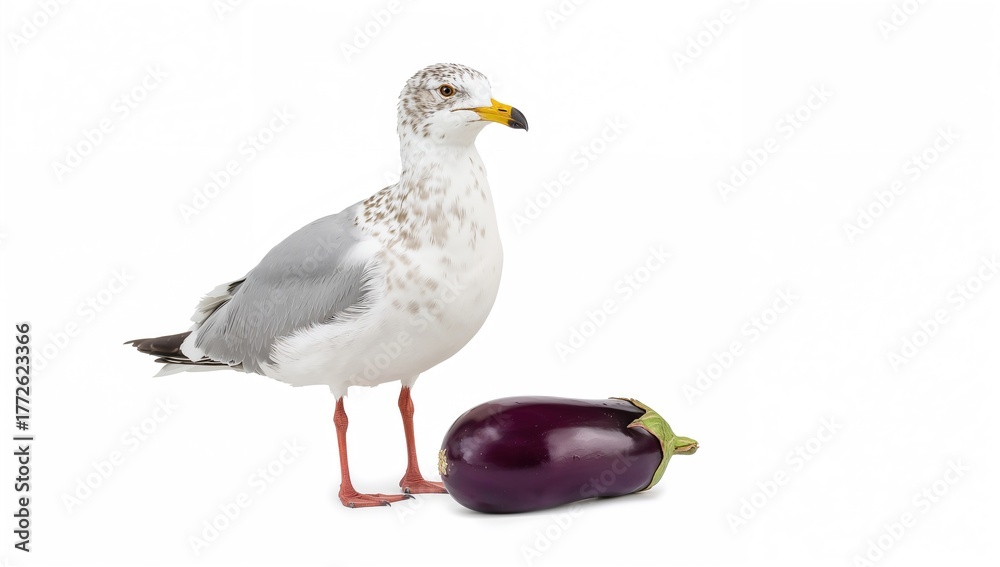 Fototapeta premium A lone seagull perched upright against a white backdrop