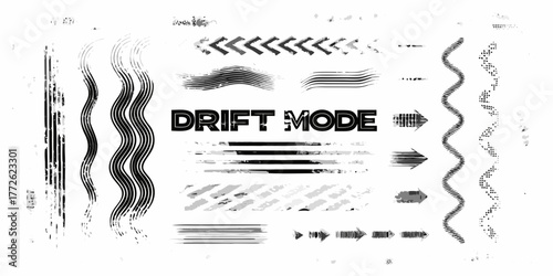 Collection of abstract graphic elements and grunge textures with the text drift mode
