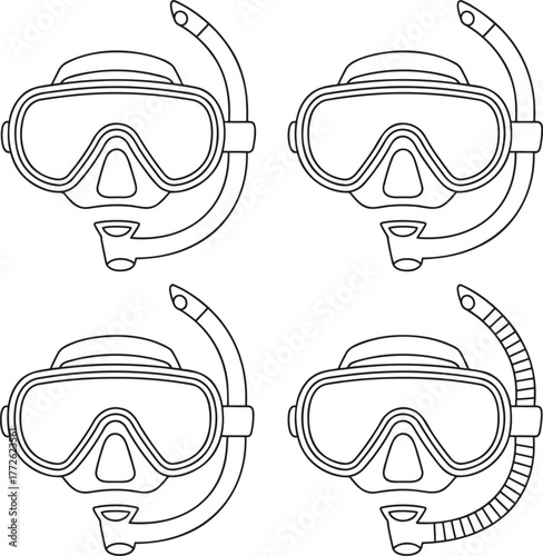 Set of Diving mask Outline vector illustration isolated On Transparent Background