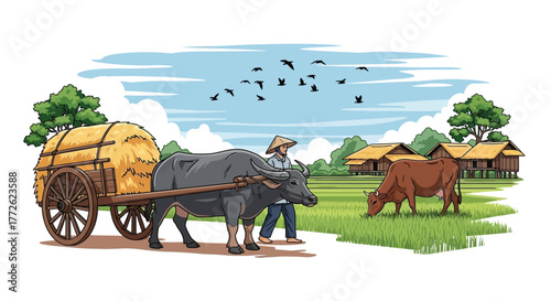 A peaceful rural scene with a farmer water buffalo and countryside homes