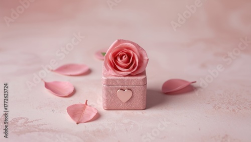 Innovative romantic design for an engagement ring container featuring a pink rose. Concept for a proposal or Valentine's gift. Space for text, top perspective.