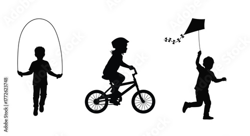Children enjoying outdoor activities jumping rope biking and flying a kite