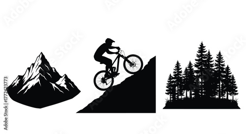 Silhouette of a mountain biker riding down a steep hill landscape